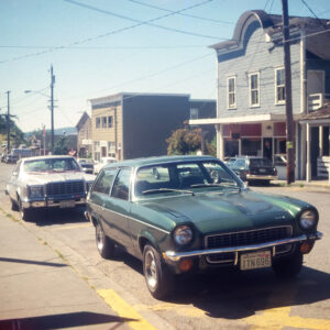 Two Chevrolet Vega Kammback wagons in Coupeville, Washington in the late 1970s