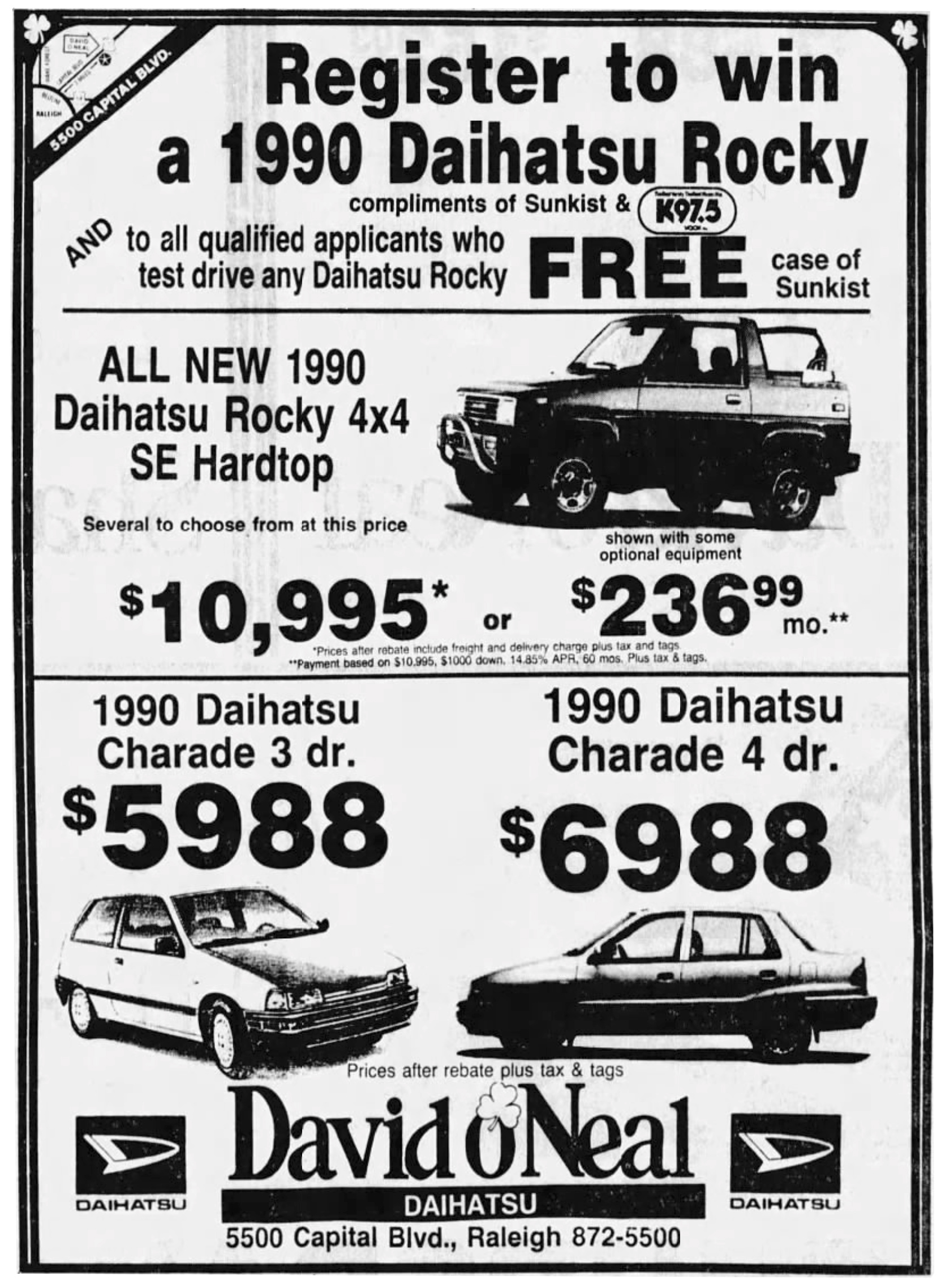 David O'Neal Daihatsu ad featuring Rocky, Charade Hatch, and Charade Sedan